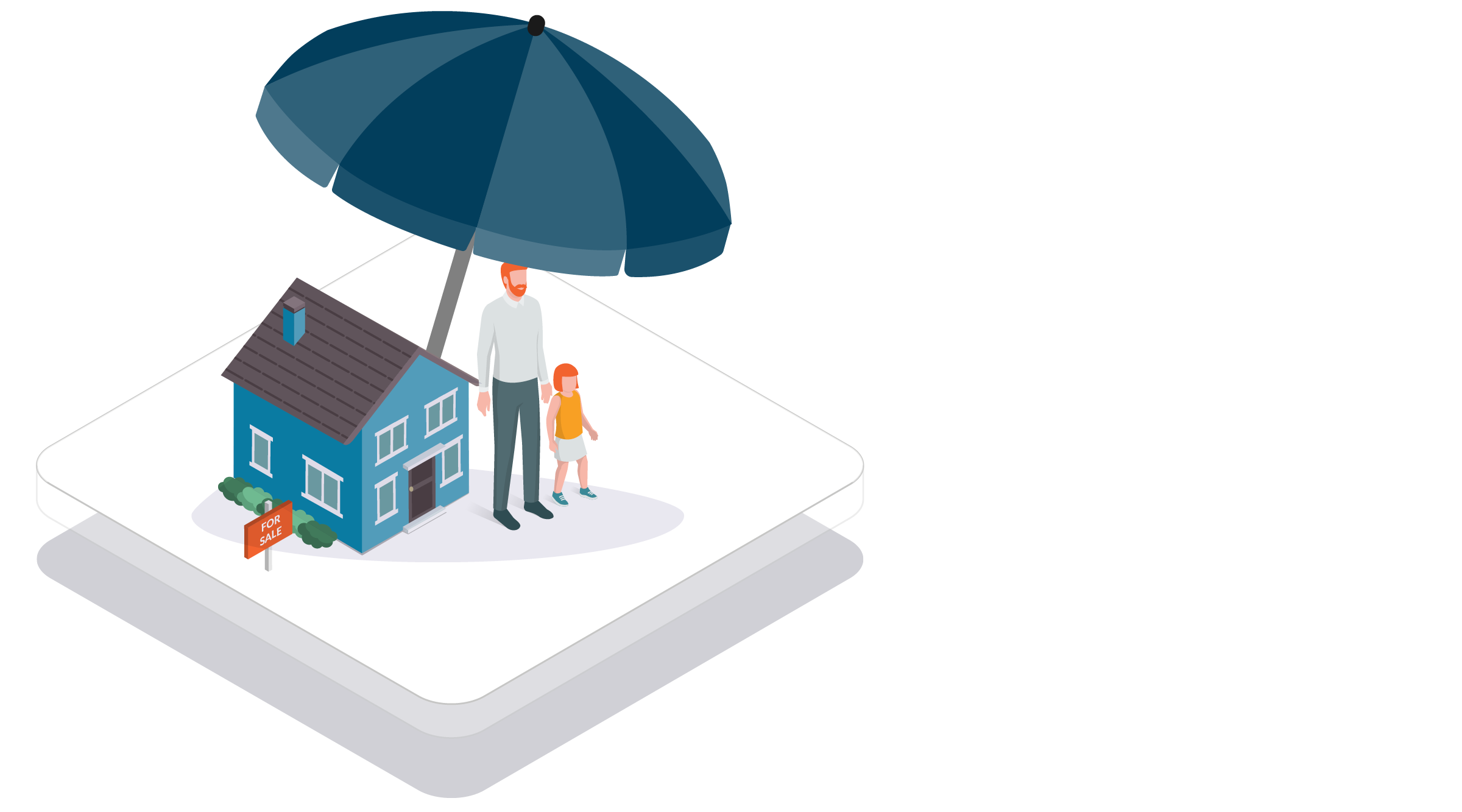 illustration showing a man and child, plus their house, all sheltered under an umbrella