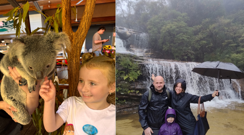 Left: Lucy's daughter Nancy smiles whilst stroking a koala. Right: Lucy, and her partner stand with their daughter between them. The family is stood infront of a waterfall and all are wearing rain jackets, whilst Lucy holds an umbrella. All are smiling.