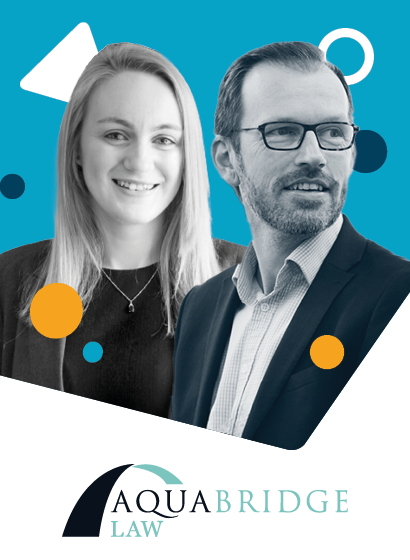 aquabridge law case study thumbnail with image of blonde woman and a man looking into the distance and the aquabridge law logo