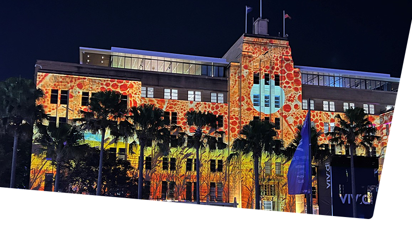 Building lit up for Vivid Sydney light show