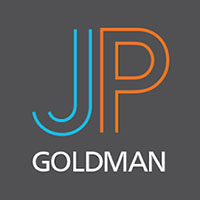 JP Goldman logo in blue and orange on dark grey background