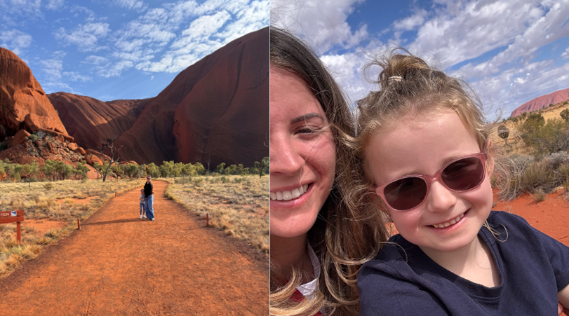 Left: Lucy and her daughter stand some way down a path in the outbac. There are red sandy mountains behind them, and blue skies. Right: a close up selfie of Lucy and her daughter smiling in the outback.