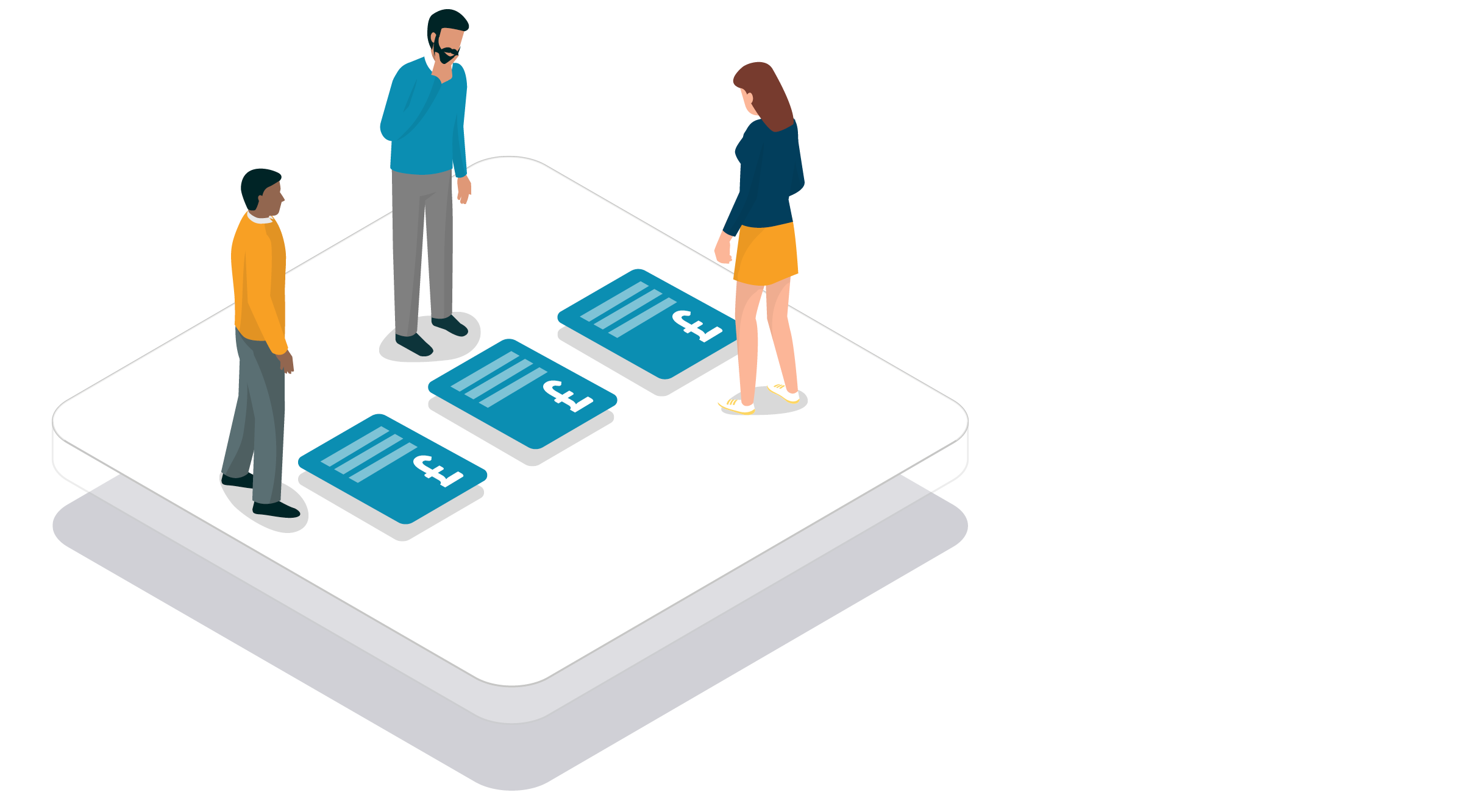 illustration of three people looking down at three different documents with £ signs