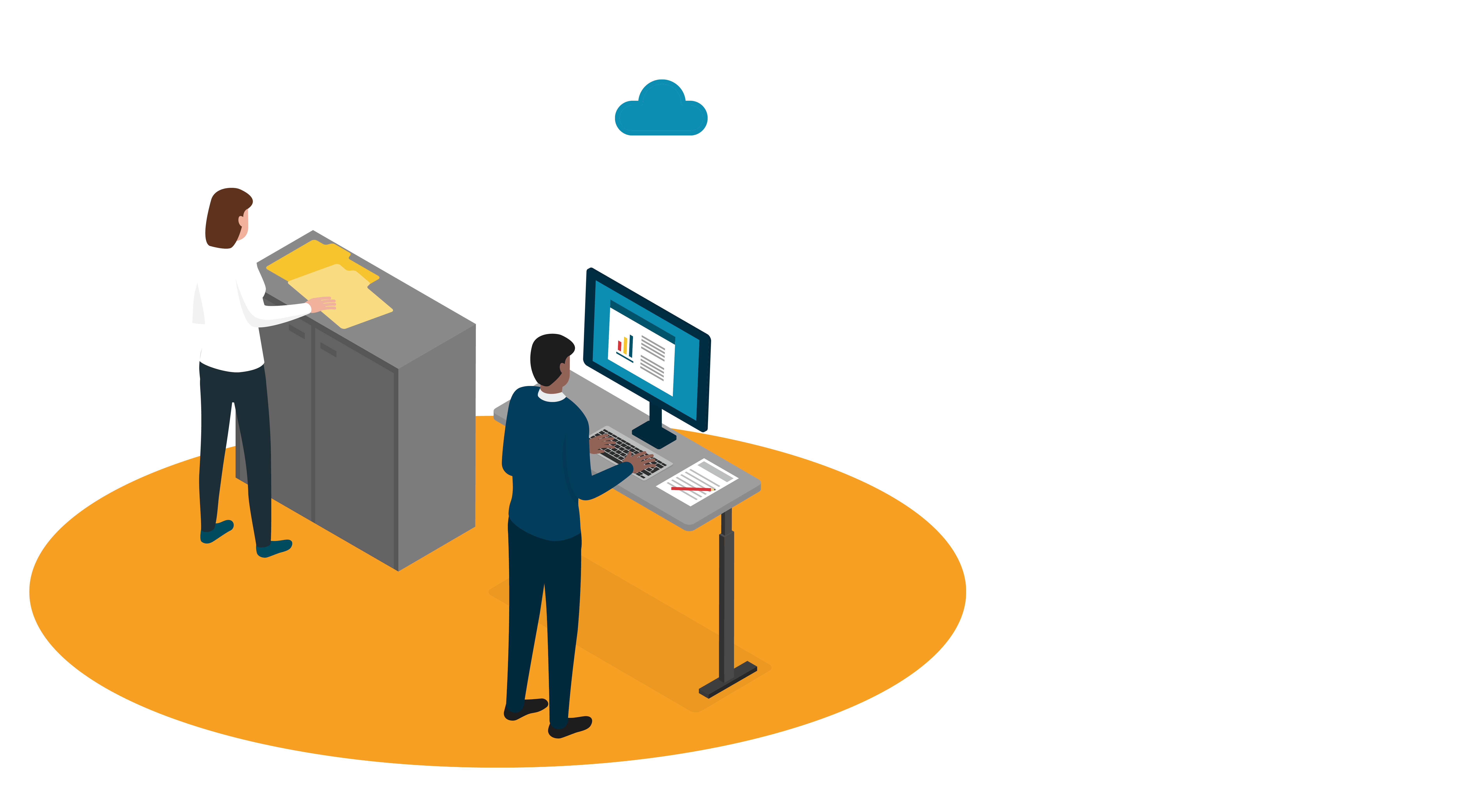 isometric design showing women in front of cabinet with folders transitioning to man standing in front of computer and data moving into the cloud