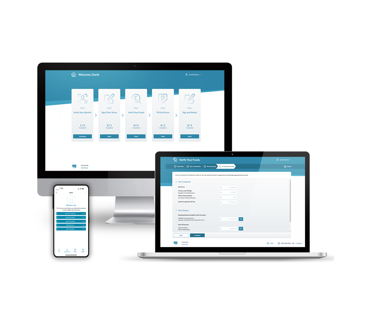 eCOS screen mock ups in desktop, laptop, and mobile app to show user interface for client onboarding solution